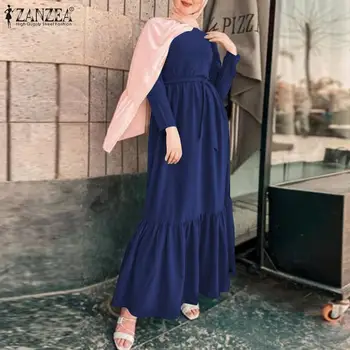 Rochie musulman Eid Mubarak Dubai Hijab Rochie de ZANZEA Vara Solid Sundress Turcia Abaya Femei Maneca Lunga Zburli Tiv Halat Supradimensionate