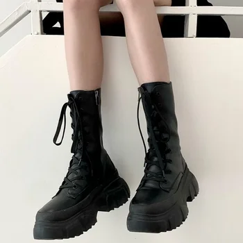 HOUZHOU din Piele Neagra pentru Femei la Jumătatea Vițel Cizme 2022 Toamna Iarna Goth Platforma Pantofi de Designer Harajuku Punk Încălțăminte