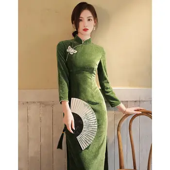 Lungă cu mâneci Lungi de Catifea Verde Cald Cheongsam Fata Stil Chinezesc Tânăr și Elegant, Atmosfera High-end Îmbunătățit Rochie de zi cu Zi