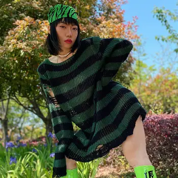 Punk Gotice Lung Unisex Pulover Femei Cu Dungi Rece Gol Afară De Gaura Ruptă Jumper Liber Rock Subțire Închis Streetwear Top De Vară 2021