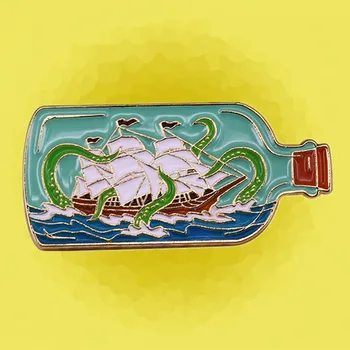 Plat sticla Pirat navă care Navighează și Kraken caracatiță email pin broșă
