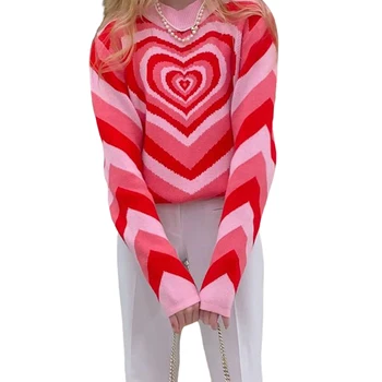 Femei de Moda Roz de Dragoste Inima Imprimare Pulover y2k E-Fetele Liber Casual cu Maneca Lunga O-gât Pulover Tricotate Bluze 2021