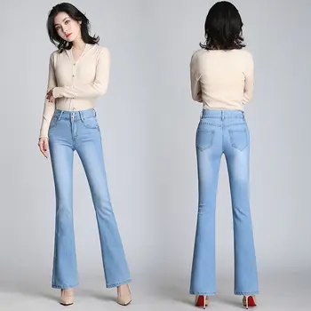 2019 Femei Vintage Jeans Pentru Femei Flare Jeans Stretch Talie Mare Butonul De Primăvară Casual Pantaloni Din Denim Elastic