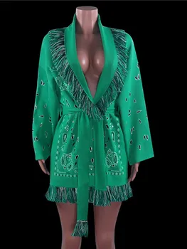 WJFZQM Moda Curea Ciucure tricotate Cardigan Vrac Pulovere Pentru Femei Elegante de Imprimare Geometrice Maneca Lunga, Pulovere Cardigan 2022