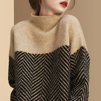 2022 Toamna Iarna Vintage Cu Dungi Mozaic Largi Tricotate Pulovere De Moda De Sex Feminin Coreeană Cald Gros De Jumătate De Guler Înalt Jumperi
