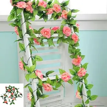 245CM Mătase Artificială Flori de Trandafir Rattan Coarde de Viță de vie Decor Cu Fals Grădină Frunze Pentru Decor Acasă Planta Nunta Verde Q0J5