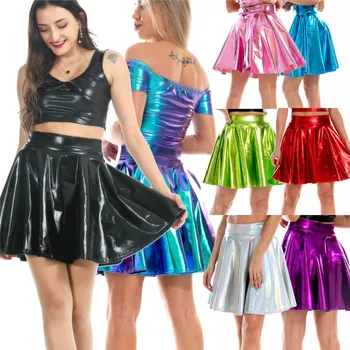 Vara Femei Sexy cu Laser de Înaltă Talie Fuste mini Piele PU Clubwear Petrecere de Dans Fuste Strălucitoare Metalice Fuste Plisate din PVC Wetlook