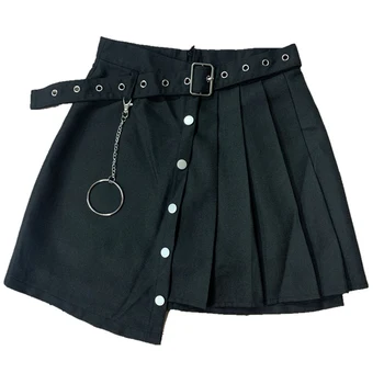 Zoki Gotic Vara Neregulat Plisată Fusta Lanț De Moda Alb-Negru Fusta Mini Talie Mare Centura De Streetwear Fuste Fete Noi