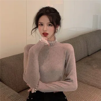 Lucyever 2022 Nouă Primăvară Dantelă Perla Pulovere Femei Mozaic Maneca Lunga, Pulovere Tricotate Moda Coreeană Slim Fit Topuri Mujer