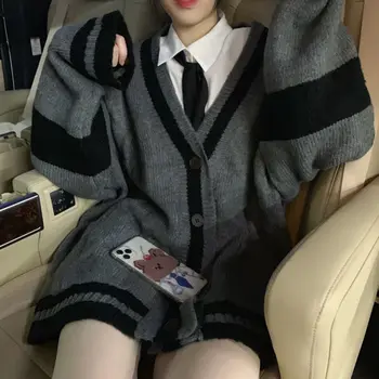 Deeptown Gri Cu Dungi Pulover Tricotate Cardigan Femei Coreeană Stil Harajuku Supradimensionat Jumper Preppy Moda Femei Topuri De Iarnă