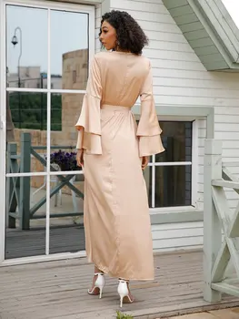 Soft Satin Rochie Lunga Dubai Abaya Femei Vara Flare Sleeve Belted Hijab Halat De Musulmani, Islamul Arab Turcia Haine Ramadan
