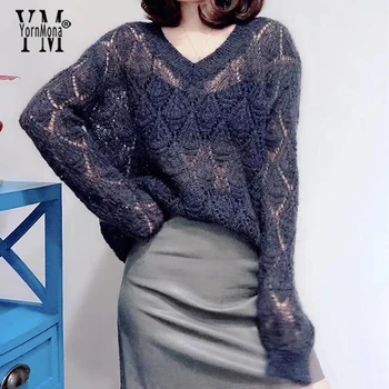 YornMona Uri de Moda Gol Afară de Pulovere de Mohair 2020 Începutul Toamnei V-neck Pulover Tricotate Bluze Streetwear Elegant Doamnelor Pulover