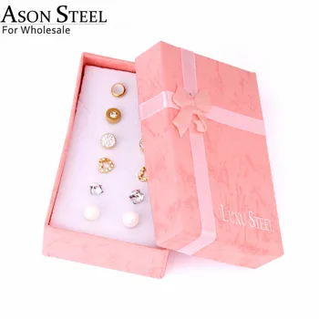 ASONSTEEL 6pairs/Cutie Pătrat Rotund Cubic Zirconia Stud Perla Cercei Seturi de Culoare de Aur din Oțel Inoxidabil Pentru Femei Bijuterii Piercing