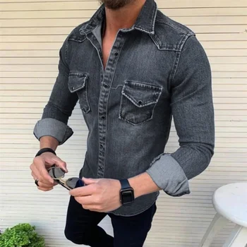 Bărbați Moda coreeană Wash Slim Fit Maneca Lunga Camasa din Denim Brand de Lux de Afaceri Elgant Tricouri Bluza