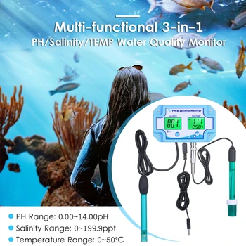 Calitatea apei Monitor de 24 oră On-line PH Salinitate TEMP Metru Display LCD Digital pH Sare Valoare a Temperaturii Pentru Acvariu Rezervor de Pește