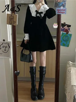Kawaii Rochie De Femei Japoneze Stil Preppy Dulce Lolita Rochie Cu Maneci Lungi Arcul Mini-Rochii Goth Vintage Rochie Neagră Streetwear