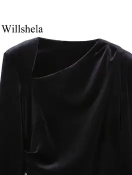 Willshela De Moda Pentru Femei Solide De Catifea Cutat Rochie Mini Vintage Asymmetic Gât Mâneci Lungi Femei Lady Chic Rochie