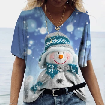 Om de Zăpadă de crăciun de Moda pentru Femei T-Shirt de Imprimare 3D V-Neck Bumbac Tricou Maneci Scurte Topuri Harajuku Supradimensionate Vacanță Streetwear