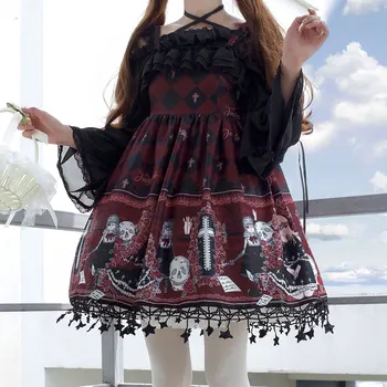 Gothic Lolita Rochie de Craniu Fantomă cu Fata Vestido Stil Japonez Jsk Negru Bluza pentru Kawaii Femei Punk Suspensor Rochii Roșii