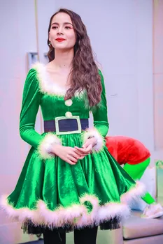 Femei Crăciun Cosplay Rochie cu Maneci Lungi de Pluș Patchwork Rochie Plisată cu Centura de Costume de Mos Craciun Costum Roșu Cadouri de Crăciun