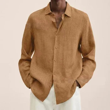 Tricouri Vrac Lenjerie de pat Solid cu Maneci Lungi Guler de Turn-Down Butonul Retro Toamna Tricou Pentru bărbați Bluza Sexy, Topuri M-5XL