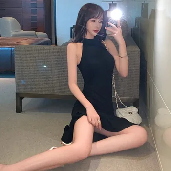 Vara Sexy Retro Elegant Subțire Fără Mâneci Căpăstru Negru Rochie Sirena Femei Bodycon Vestidos Mujer Sălbatice Split Trompeta Coreeană