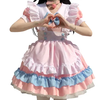 Femei Costum Servitoare Anime Drăguț Pisica Roz Albastru Dantelă Asieta Șorț laba Pisica Lolita Rochii de Cosplay Costum set Complet plus dimensiune 4XL