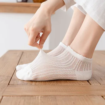 5 Perechi de Vară pentru Femei Șosete de Bumbac Moale de Culoare Solidă Subțire Plasă Respirabil Low Cut Non-alunecare Invizibil Scurt Glezna Șosete