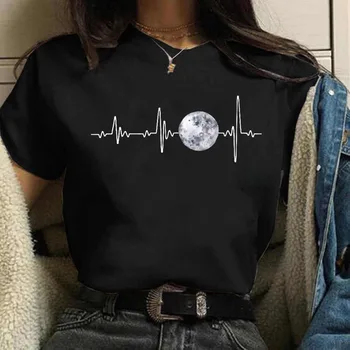 Luna noua Femei Top Negru T-shirt Casual Femei Round Neck T-shirt Eclipsa de lună Imprimate T-shirt Femei