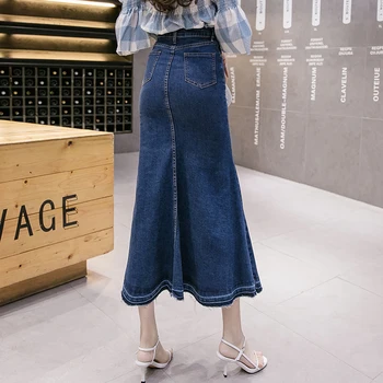 Primavara-Vara 2020 Nouă Femei Denim Fusta Sirena Pachet Șold Streetwear Mult Volane Albastru Talie Înaltă Lung Jean Fusta Femei