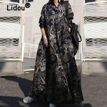 Toamna Femei Elegante De Epocă Butonul Maneca Lunga Tricou Vrac Sundress 2022 Lungi Casual Rochie Maxi Femme Partid Imprimare Vestidos Halat