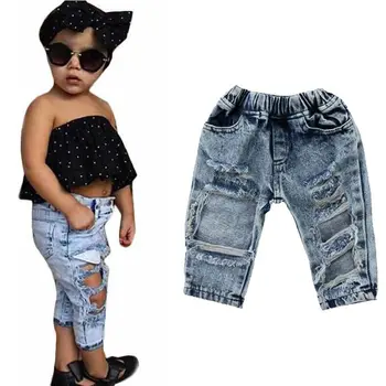 2020 1-5T Hot de Moda pentru Copii Copilul Copil Fete Pantaloni din Denim Stretch Elastic Pantaloni Blugi Rupt Gaura Haine Fata Copil джинсы