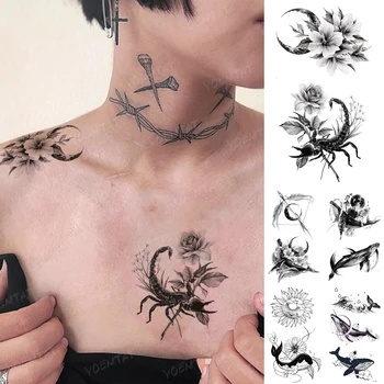 Impermeabil Tatuaj Temporar Autocolant Scorpion Luna De Flori Frunze Negru Tatuaj Umăr Piept Brațul Fals Tatoo Bărbat Femeie Flash Tatuaje
