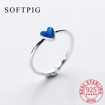 SOFTPIG Real 925 Sterling Silver Blue Inima Inel Reglabil Pentru Femei de Moda Drăguț Bijuterii Fine Minimalist Accesorii