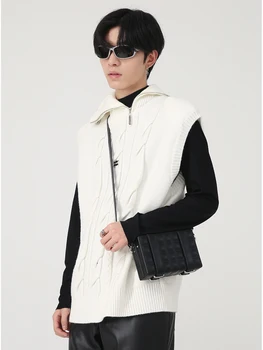 IEFB Bărbați Pulover Nou Toamna Iarna Moda coreeană Fermoar Metalic Pad Umăr Gât Înalt Vesta Tricotate Pulover Masculin 9A5470