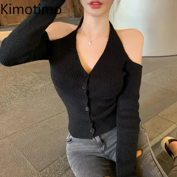 Kimotimo Căpăstru Sexy Tricotate Cardigan Femei coreene V-neck Temperament Off-umăr de Bază Topuri Toamna Solid All-meci Cardigane